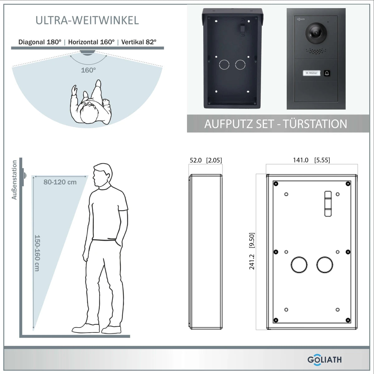 Vorkonfiguriert Goliath Hybrid 2-Draht BUS Videotürsprechanlage | Anthrazit | 1 Fam | Aufputz | 2x7" Weiß| 180°