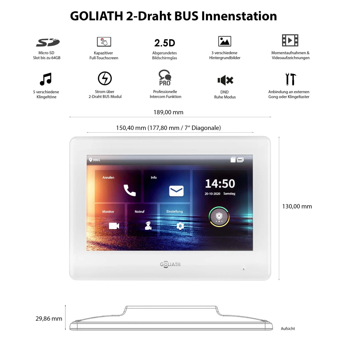 Vorkonfiguriert Hybrid 2-Draht BUS Goliath Gegensprechanlage | Anthrazit | 2 Fam | 2x7 Zoll Weiß | 180°